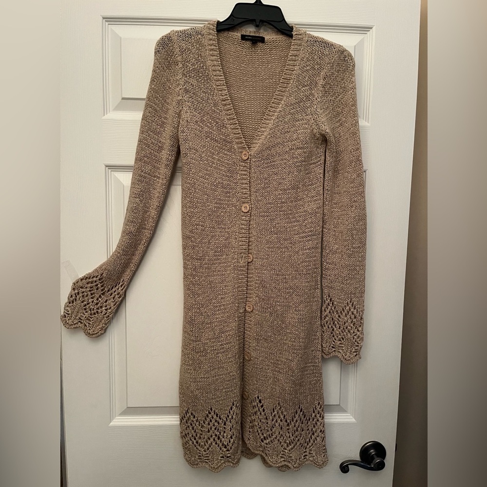 BCBG MaxAzria Crochet Knitted Long Cardigan.Size S, scalloped hem & sleeves.